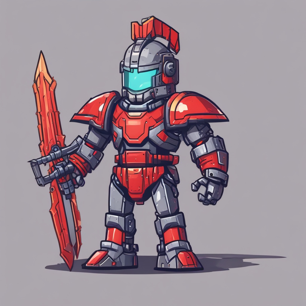 pixel art of a robotic knight with a red sword